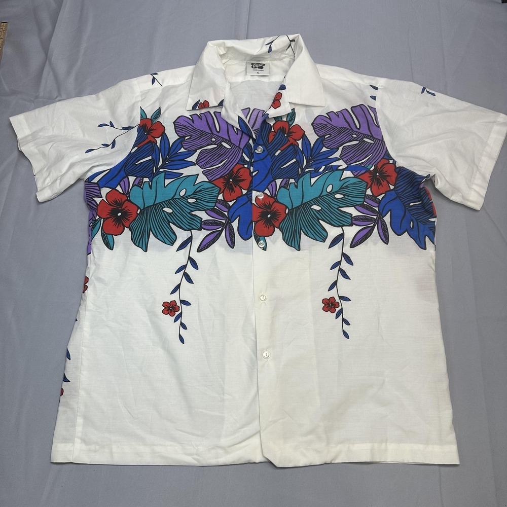 Hilo Hattie Shirt Mens XL White Hawaiian Floral Aloha Camp Hawaii USA Camp